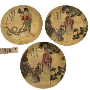 Set of 3 Vintage Chinese Bamboo Plates Wall Decor Yang-Kei Fie The‎ Tipsy Dancer